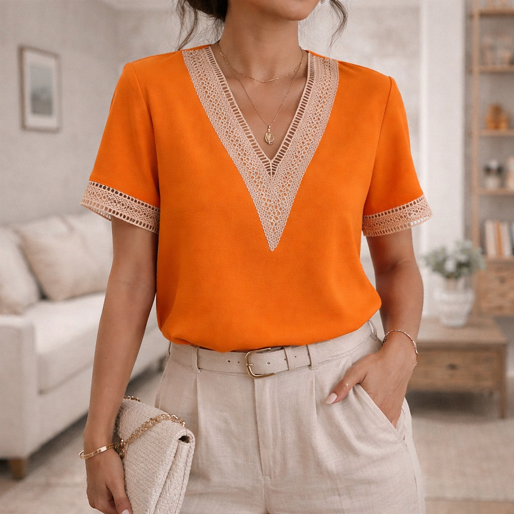 Da Donna Blusa Elegante con Scollo a V e Dettagli in Pizzo