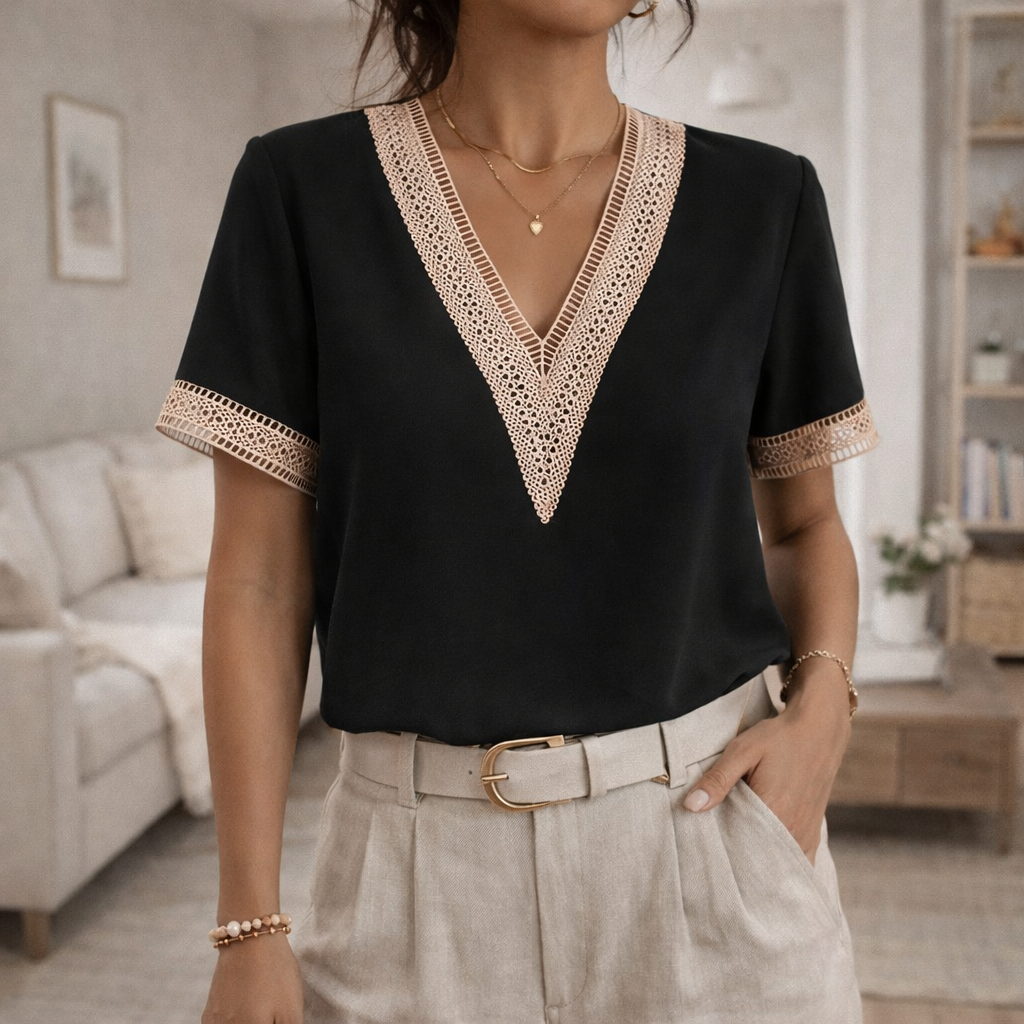 Da Donna Blusa Elegante con Scollo a V e Dettagli in Pizzo