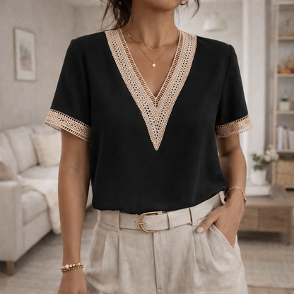 Da Donna Blusa Elegante con Scollo a V e Dettagli in Pizzo