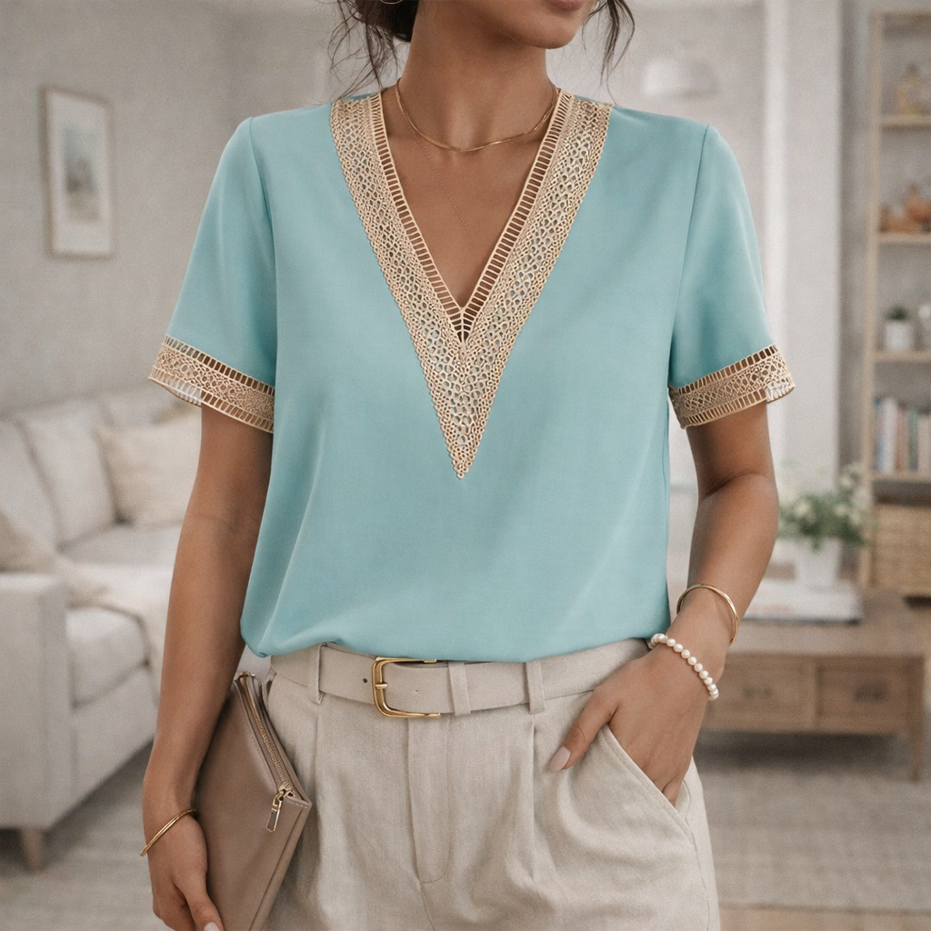 Da Donna Blusa Elegante con Scollo a V e Dettagli in Pizzo