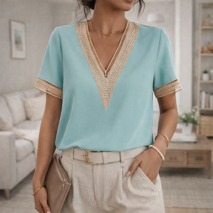 Da Donna Blusa Elegante con Scollo a V e Dettagli in Pizzo