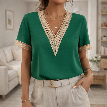 Da Donna Blusa Elegante con Scollo a V e Dettagli in Pizzo