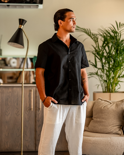 Da Uomo Camicia Lino Bottoni Frontali Maniche Corte Relax Moderna