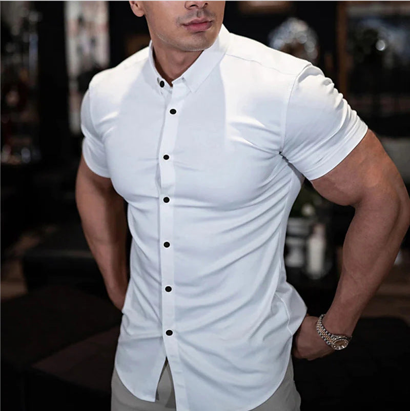 Da Uomo Camicia Slim Fit a Maniche Corte con Bottoni
