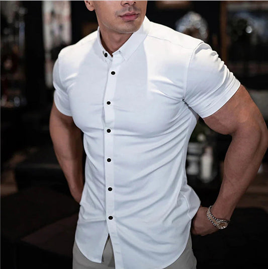 Da Uomo Camicia Slim Fit a Maniche Corte con Bottoni