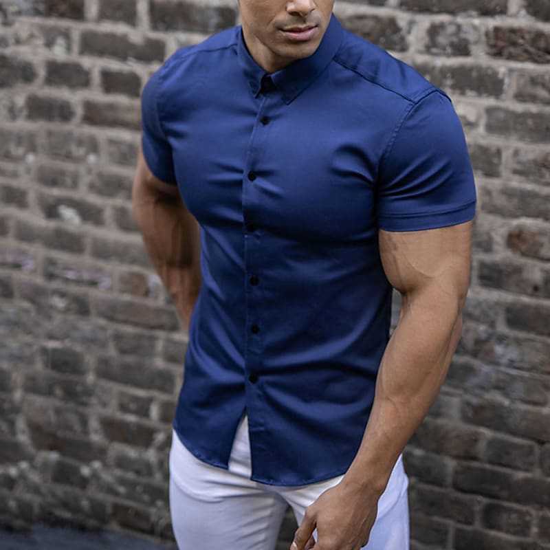 Da Uomo Camicia Slim Fit a Maniche Corte con Bottoni