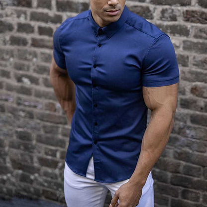 Da Uomo Camicia Slim Fit a Maniche Corte con Bottoni