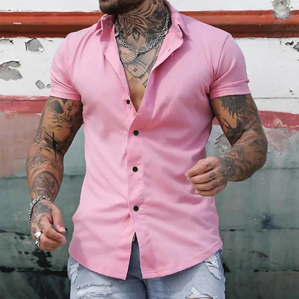 Da Uomo Camicia Slim Fit a Maniche Corte con Bottoni