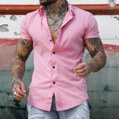 Da Uomo Camicia Slim Fit a Maniche Corte con Bottoni