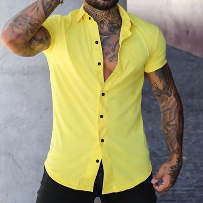 Da Uomo Camicia Slim Fit a Maniche Corte con Bottoni