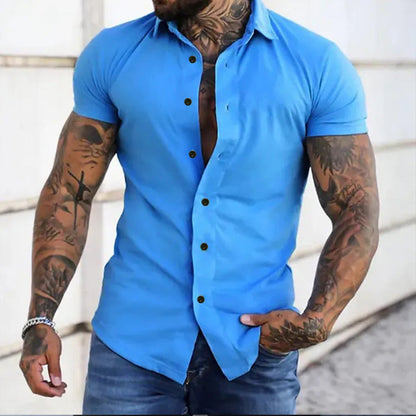 Da Uomo Camicia Slim Fit a Maniche Corte con Bottoni