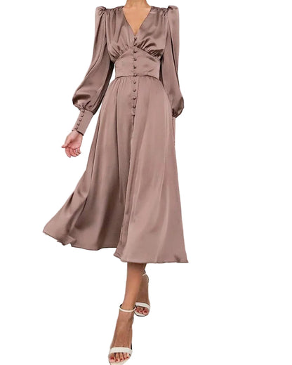 Da Donna Abito Midi Bottoni Frontali Maniche Arricciate Eleganza Moderna