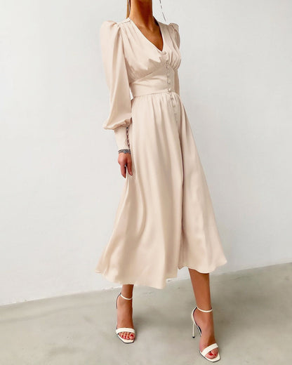 Da Donna Abito Midi Bottoni Frontali Maniche Arricciate Eleganza Moderna