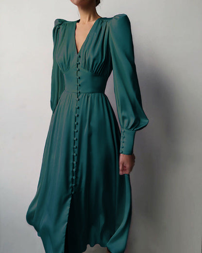 Da Donna Abito Midi Bottoni Frontali Maniche Arricciate Eleganza Moderna