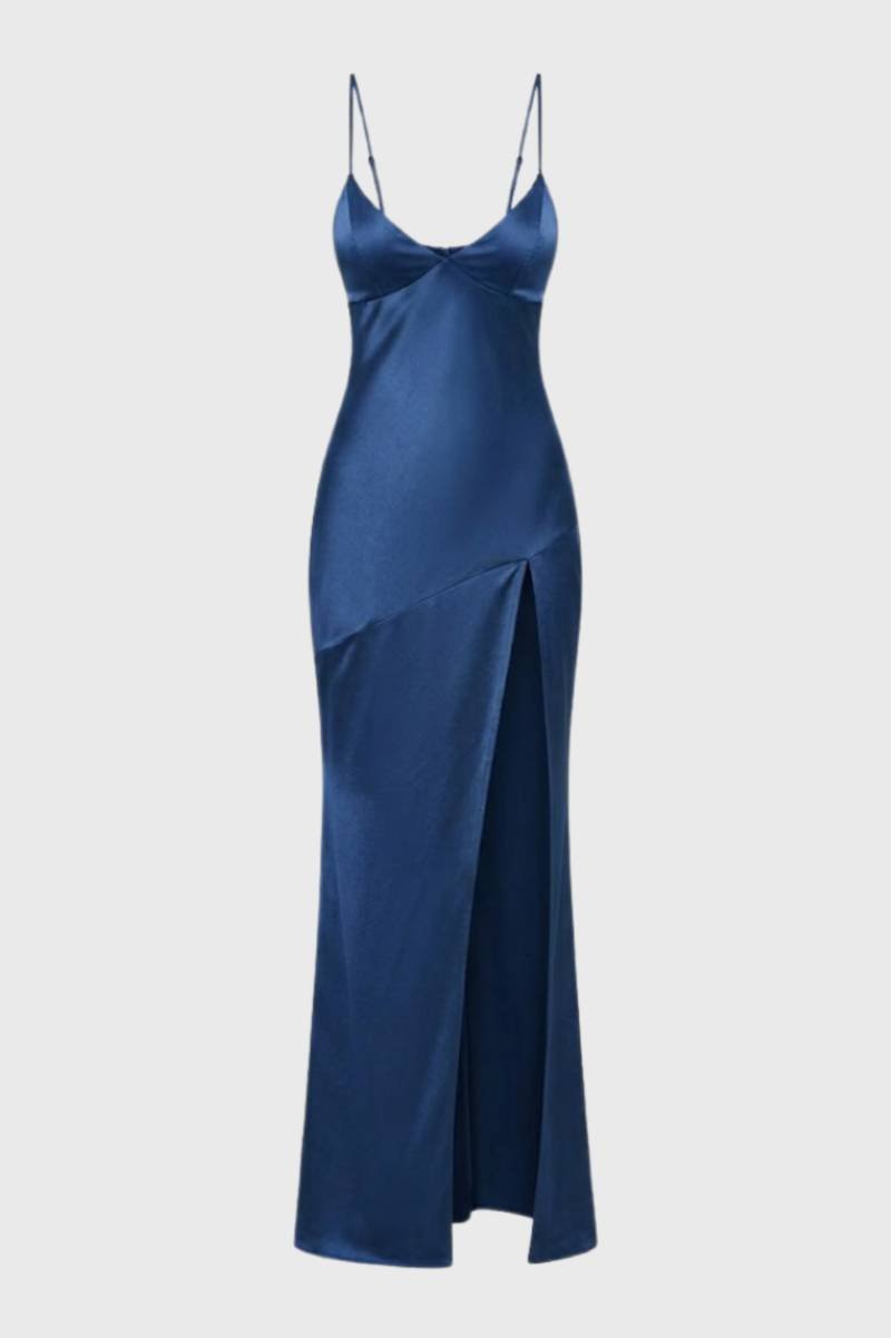 Da Donna Abito Elegante con Scollo a V Spacco alla Coscia Silhouette Maxi