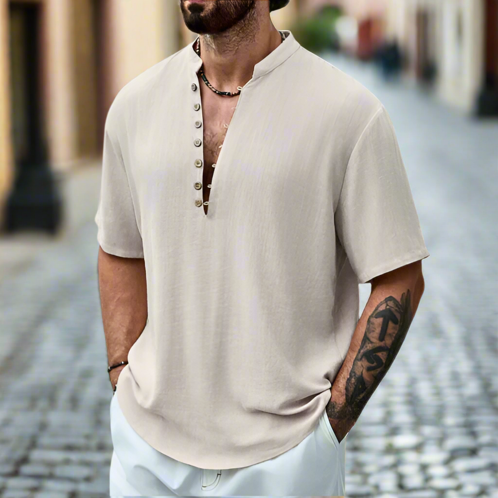 Da Uomo Camicia Lino Collo Serafino Relax Casual Moderna