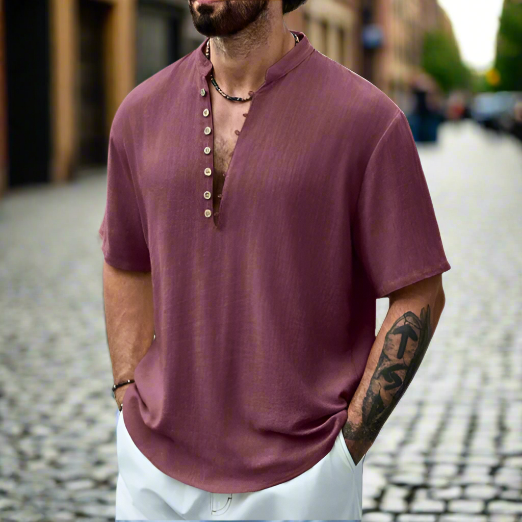 Da Uomo Camicia Lino Collo Serafino Relax Casual Moderna