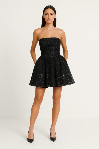 Da Donna Abito Mini in Tulle Senza Spalline Silhouette da Festa Scintillante