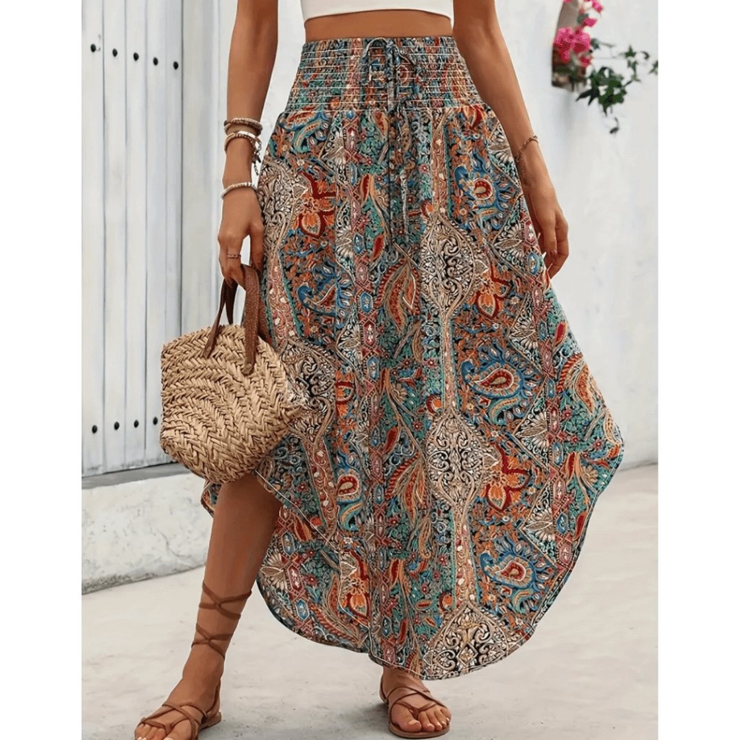 Da Donna Gonna Maxi Boho Stampata con Vita Alta Arricciata