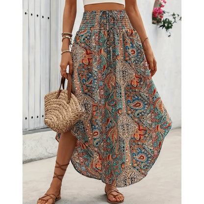 Da Donna Gonna Maxi Boho Stampata con Vita Alta Arricciata
