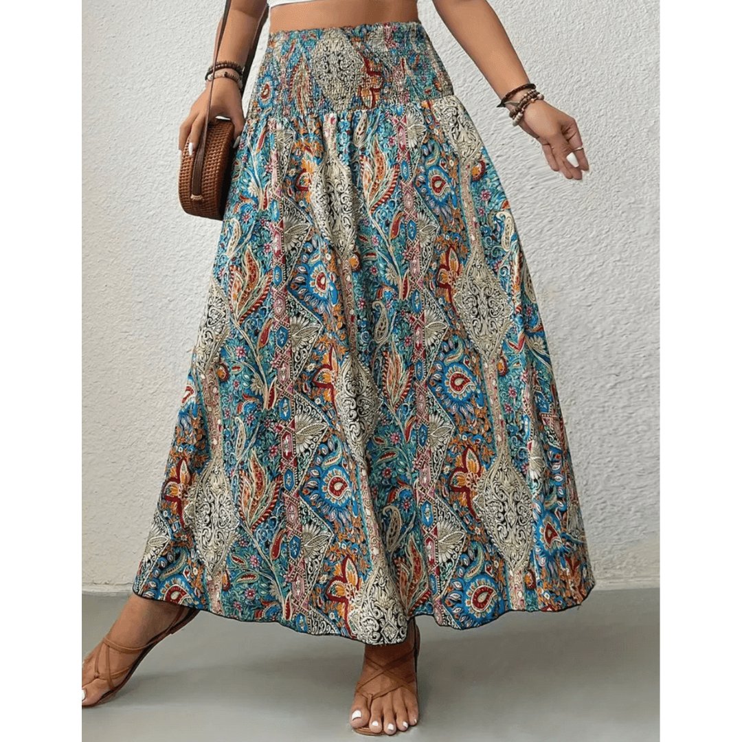 Da Donna Gonna Maxi Boho Stampata con Vita Alta Arricciata