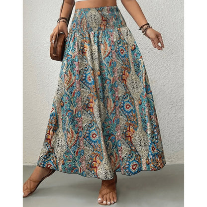 Da Donna Gonna Maxi Boho Stampata con Vita Alta Arricciata