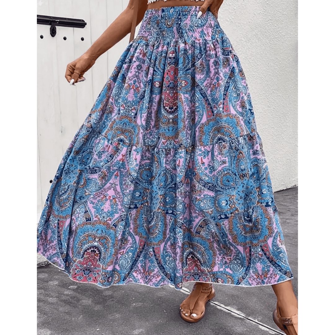 Da Donna Gonna Maxi Boho Stampata con Vita Alta Arricciata