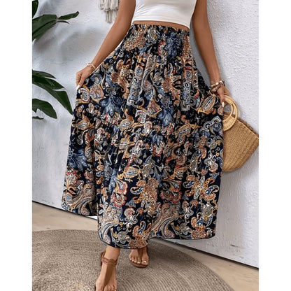 Da Donna Gonna Maxi Boho Stampata con Vita Alta Arricciata