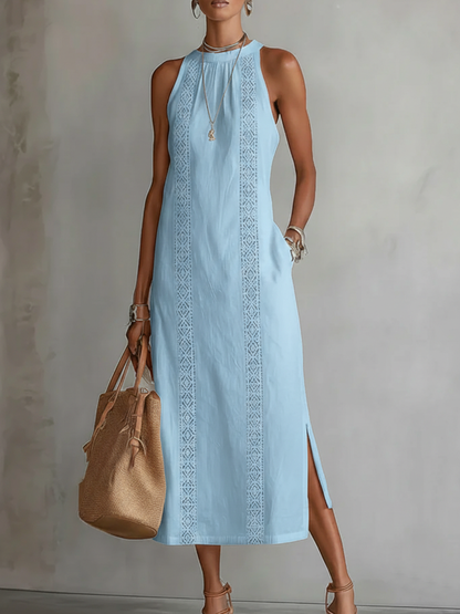 Da Donna Abito Midi Pizzo Traforato Spacco Laterale Relax Moderna
