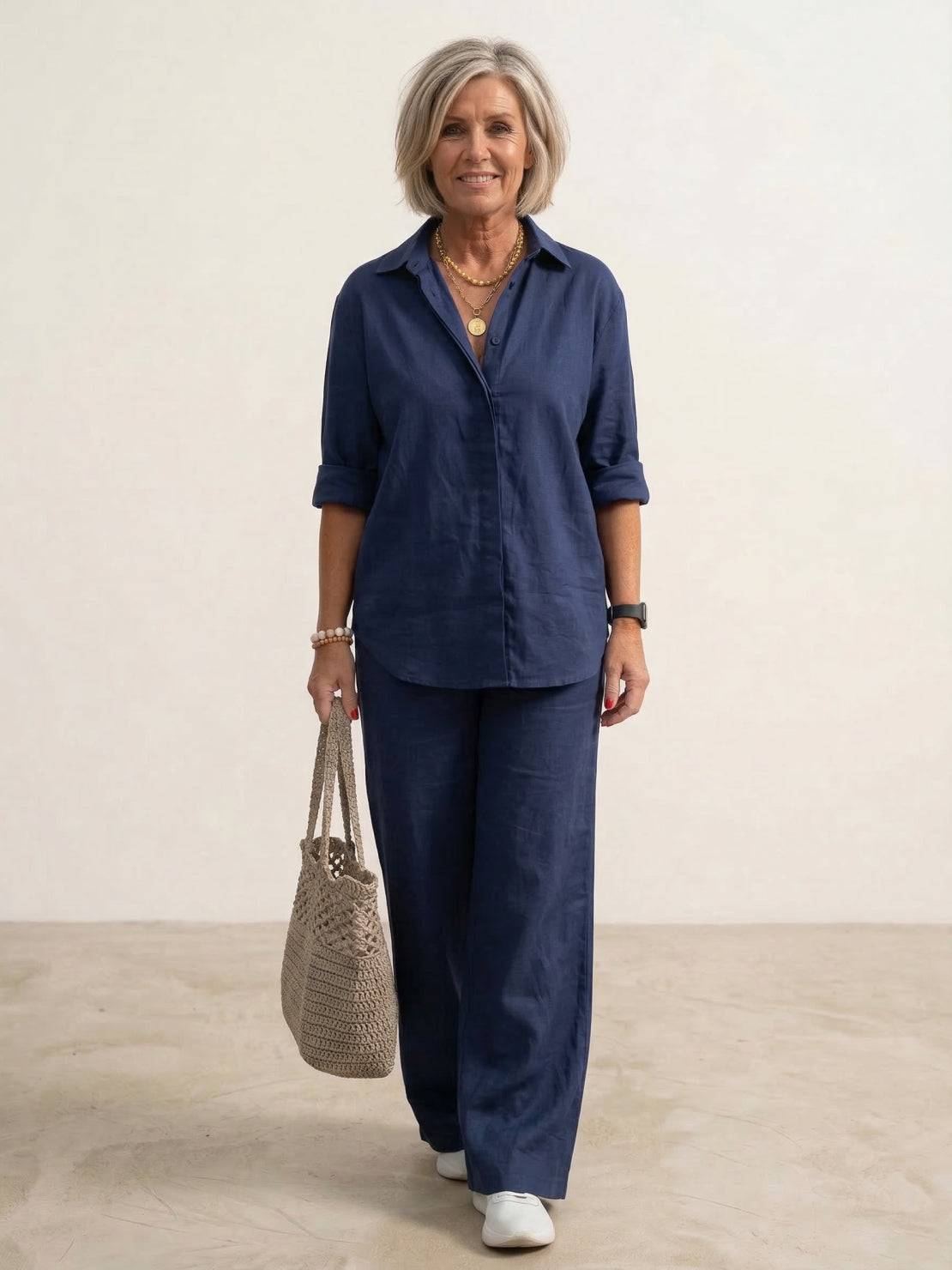 Da Donna Completo Lino Camicia Oversize Pantaloni Ampi Relax Moderna