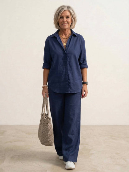 Da Donna Completo Lino Camicia Oversize Pantaloni Ampi Relax Moderna