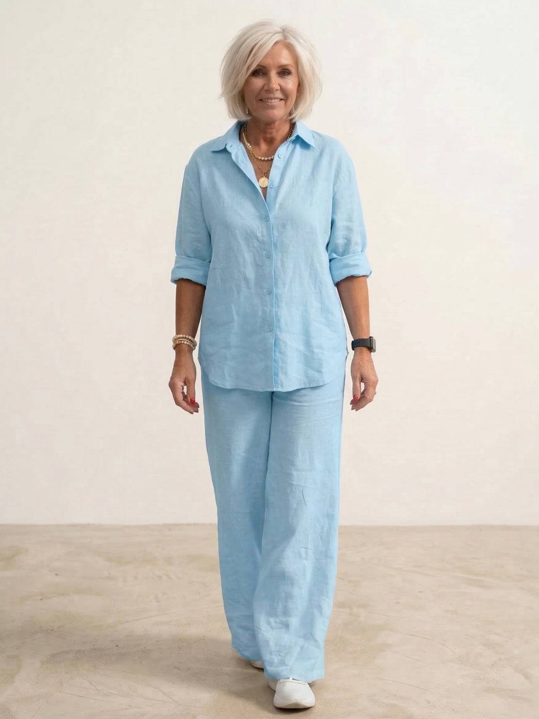 Da Donna Completo Lino Camicia Oversize Pantaloni Ampi Relax Moderna