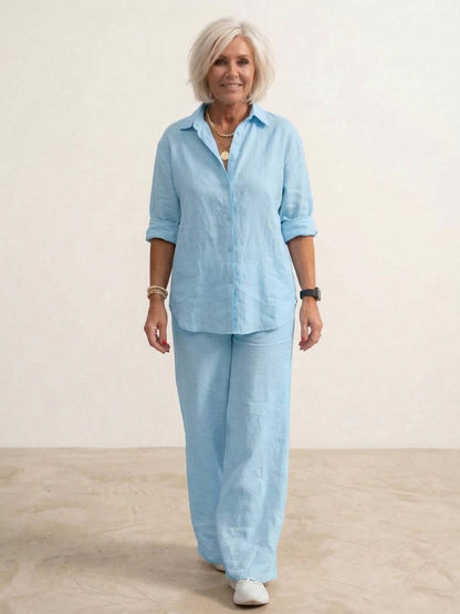 Da Donna Completo Lino Camicia Oversize Pantaloni Ampi Relax Moderna