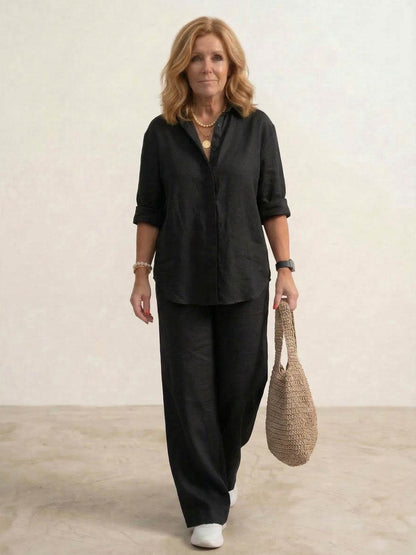 Da Donna Completo Lino Camicia Oversize Pantaloni Ampi Relax Moderna