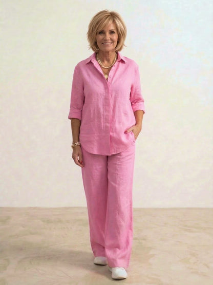 Da Donna Completo Lino Camicia Oversize Pantaloni Ampi Relax Moderna