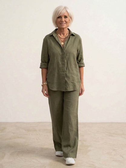 Da Donna Completo Lino Camicia Oversize Pantaloni Ampi Relax Moderna