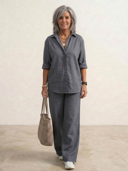 Da Donna Completo Lino Camicia Oversize Pantaloni Ampi Relax Moderna