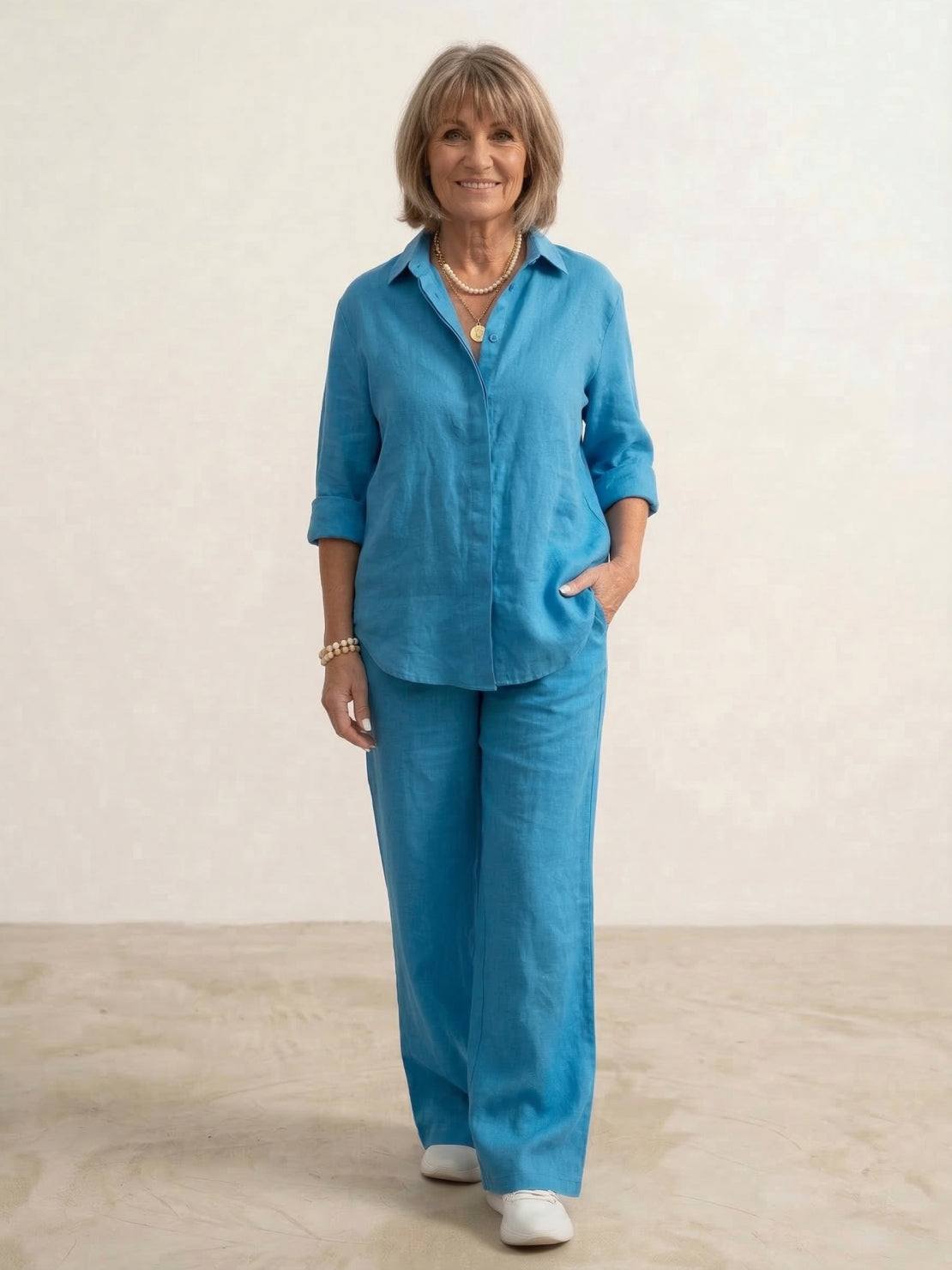 Da Donna Completo Lino Camicia Oversize Pantaloni Ampi Relax Moderna