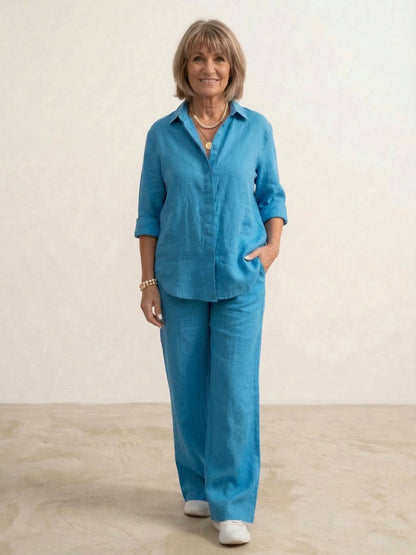 Da Donna Completo Lino Camicia Oversize Pantaloni Ampi Relax Moderna