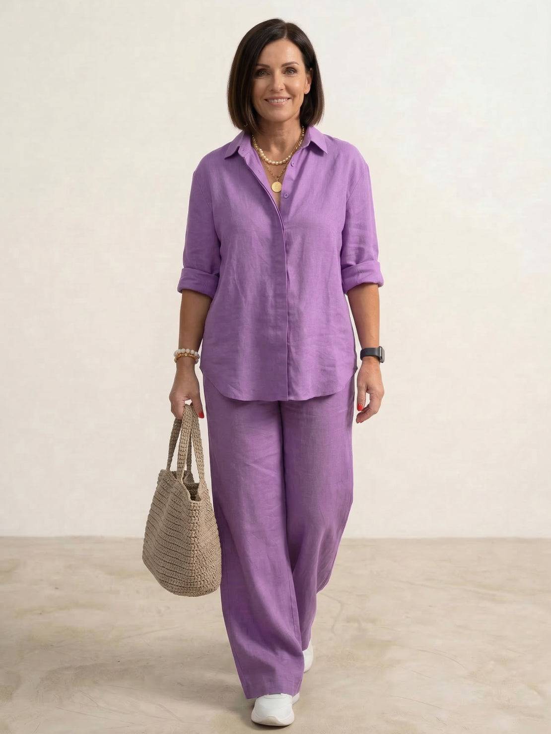 Da Donna Completo Lino Camicia Oversize Pantaloni Ampi Relax Moderna