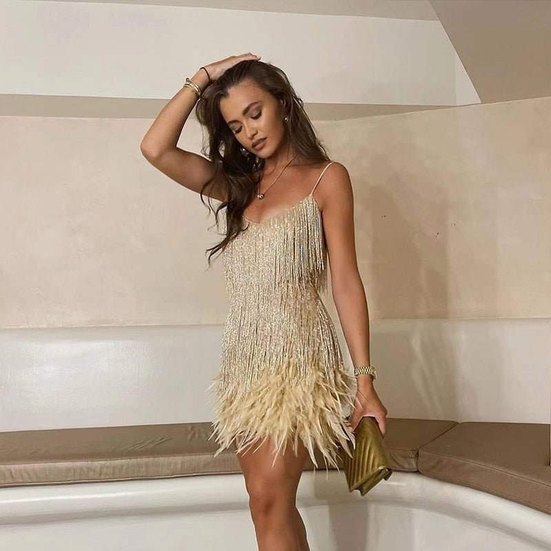 Da Donna Abito Cocktail con Paillettes e Frange Eleganza Glamour