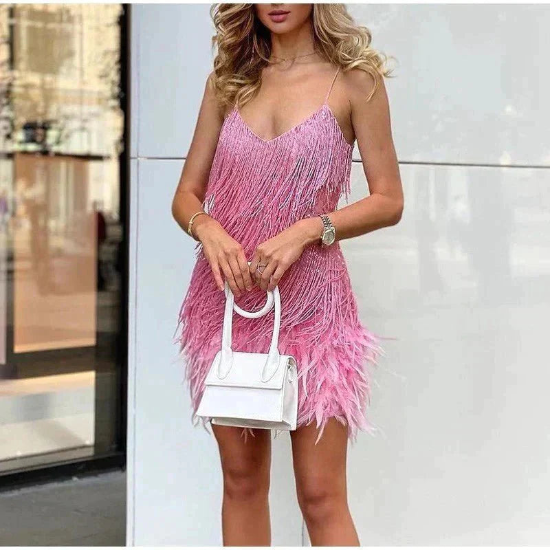 Da Donna Abito Cocktail con Paillettes e Frange Eleganza Glamour