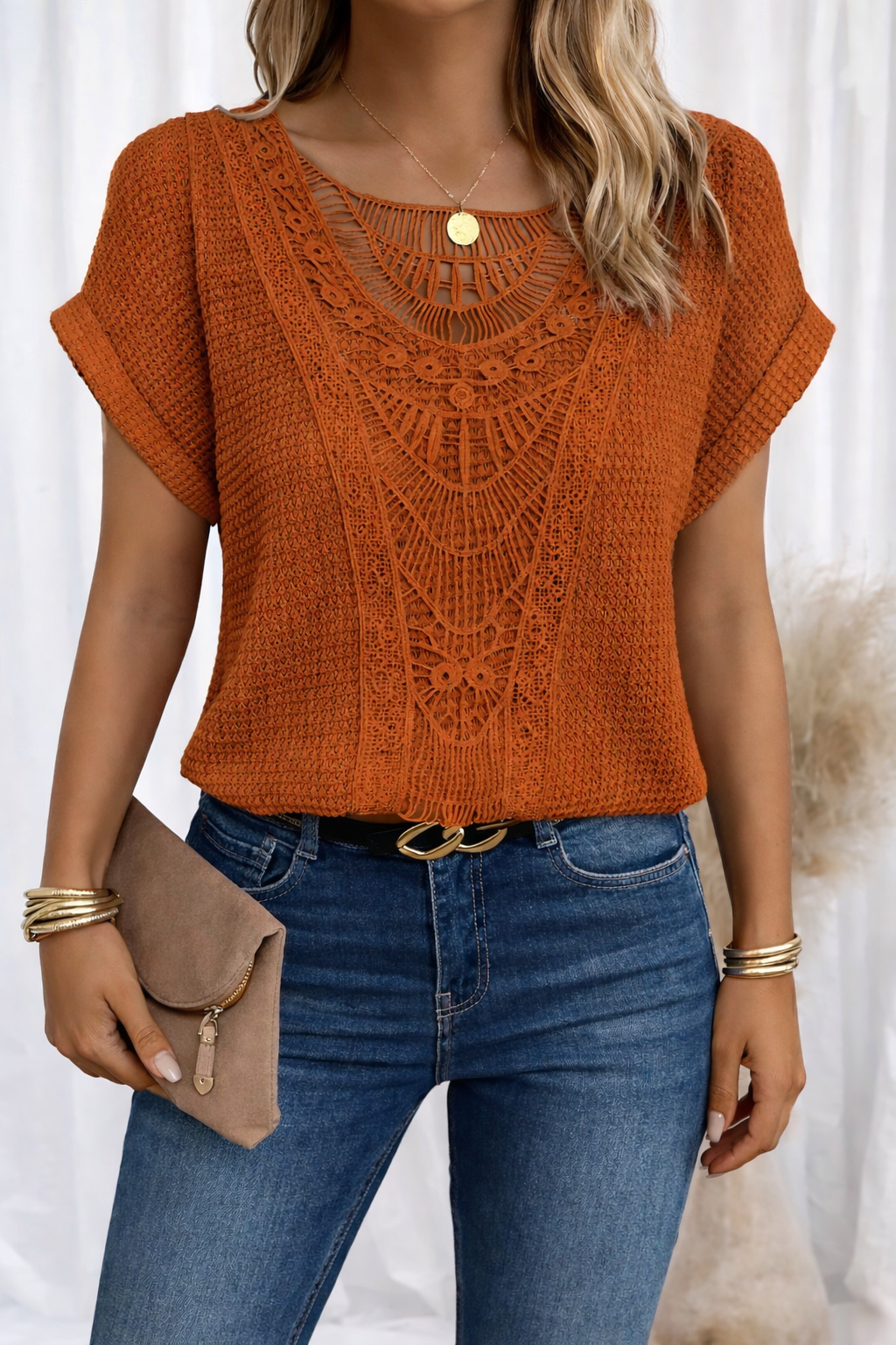 Da Donna Blusa Pizzo Traforato Texture Ricamata Relax Moderna