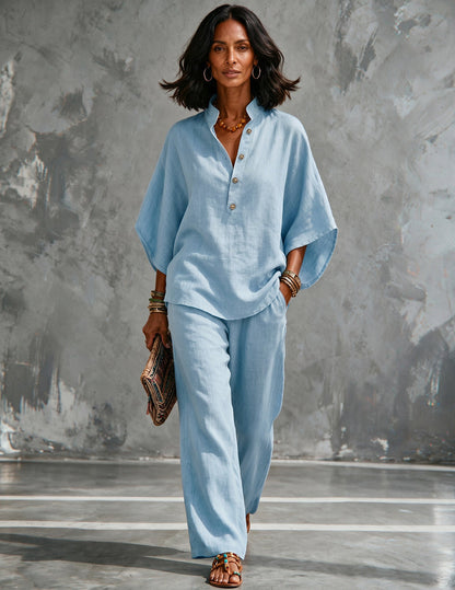 Da Donna Set in Lino con Top a Maniche a Pipistrello e Pantaloni