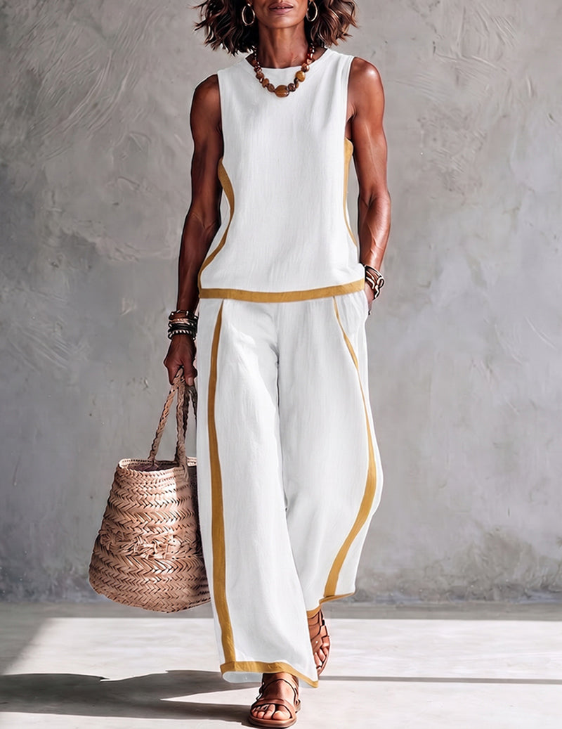 Da Donna Set Outfit Senza Maniche con Bordo a Contrasto e Pantaloni a Gamba Larga