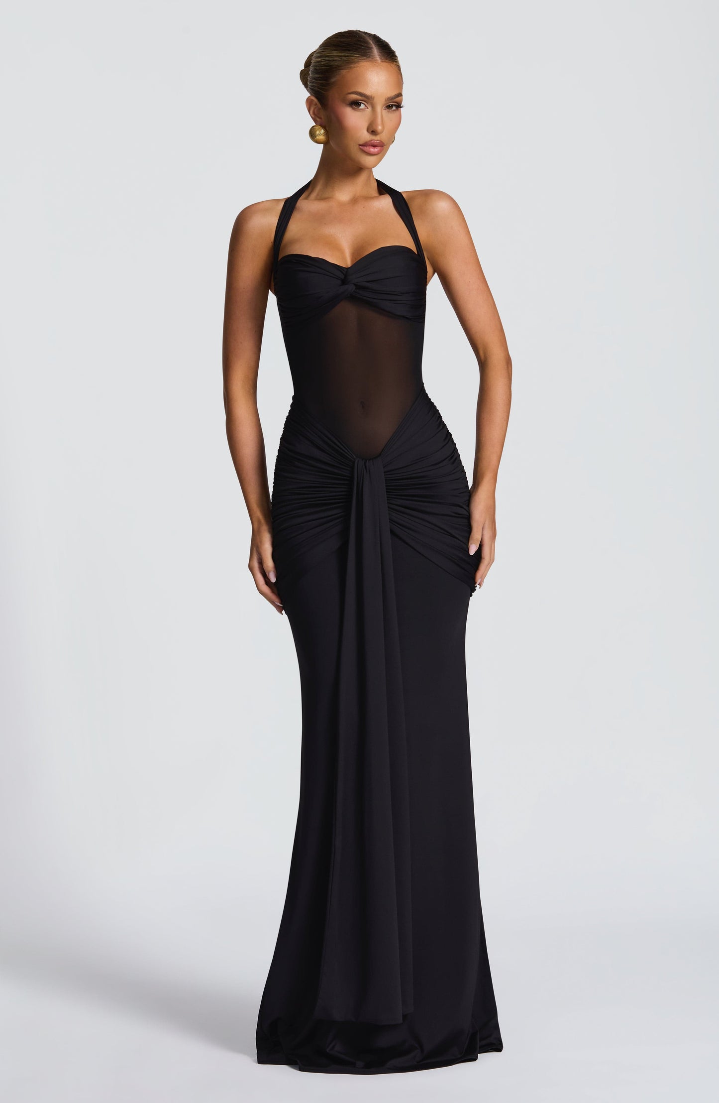 Da Donna Abito Maxi Halter con Drappeggio e Dettagli Mesh