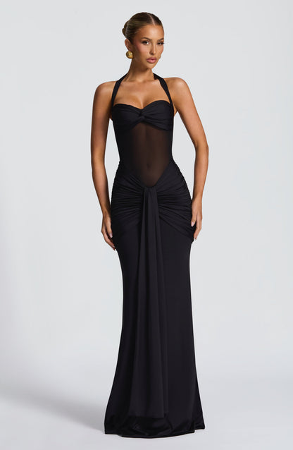 Da Donna Abito Maxi Halter con Drappeggio e Dettagli Mesh