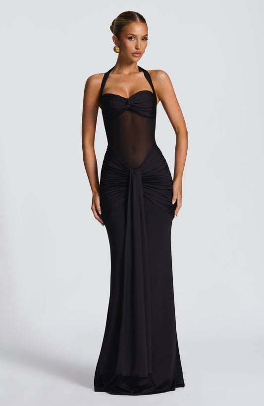 Da Donna Abito Maxi Halter con Drappeggio e Dettagli Mesh