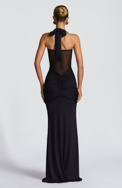 Da Donna Abito Maxi Halter con Drappeggio e Dettagli Mesh