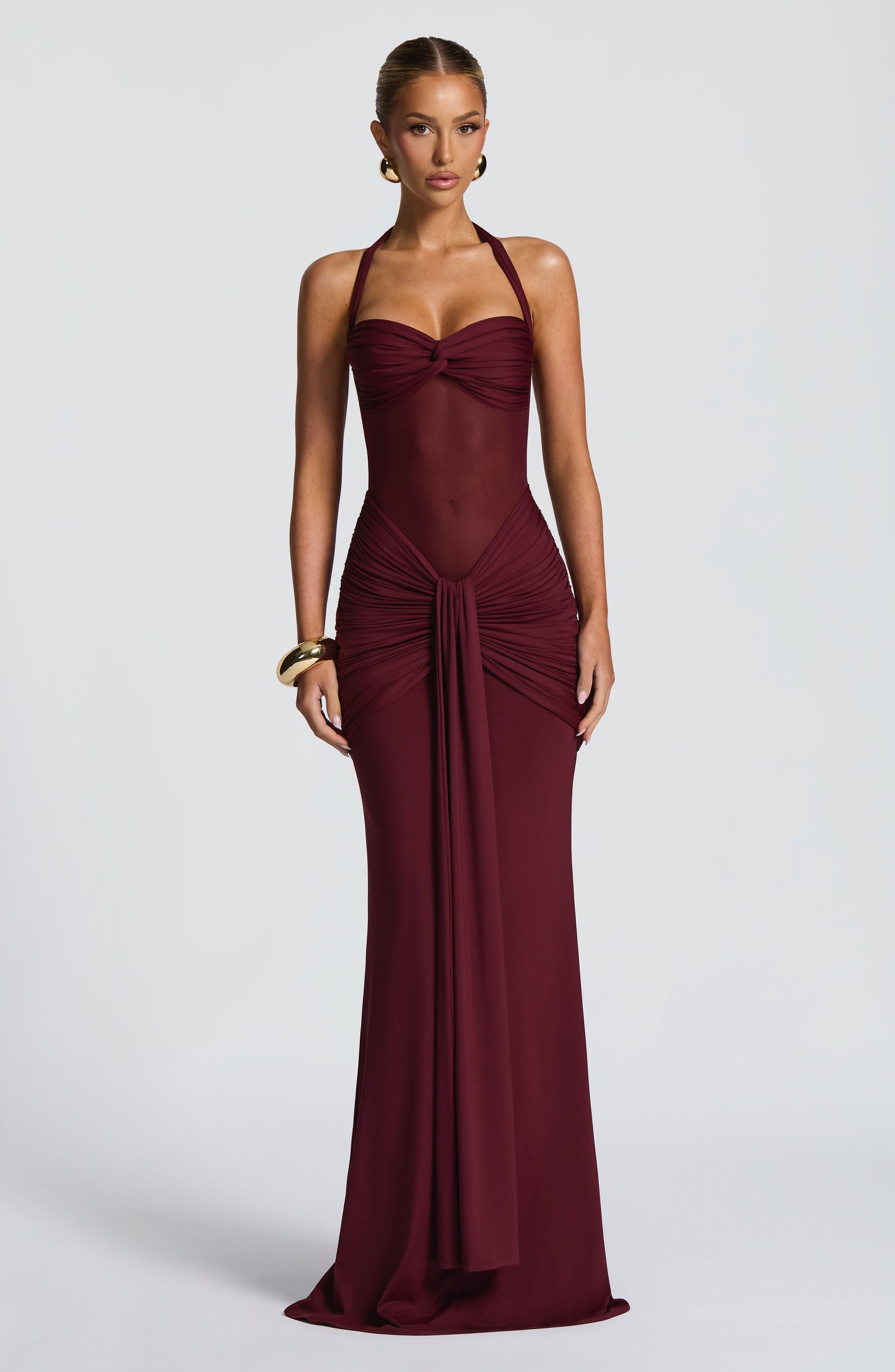 Da Donna Abito Maxi Halter con Drappeggio e Dettagli Mesh